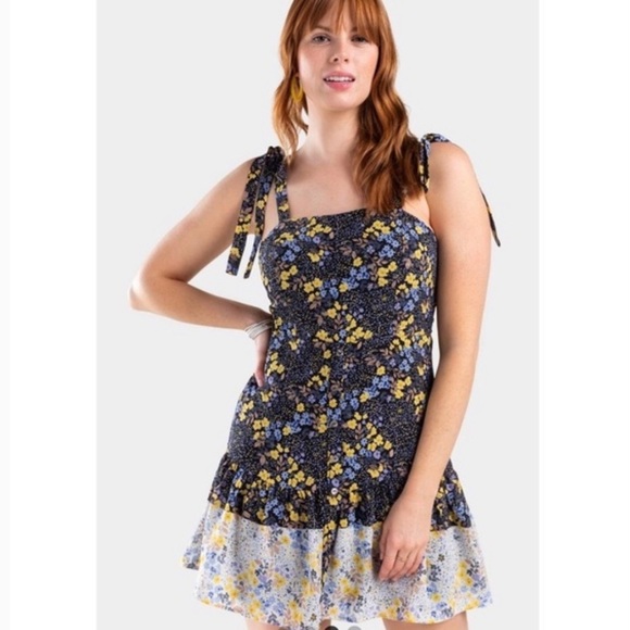Jun & Ivy Mia Mixed Floral Boho Cottagecore Mini Dress SZ Medium Blue Yellow - Picture 1 of 13
